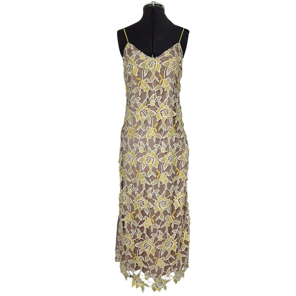 NBD‎ White Yellow Lace  Nude Lining Donna Midi Dress M Wedding Guest Cruise